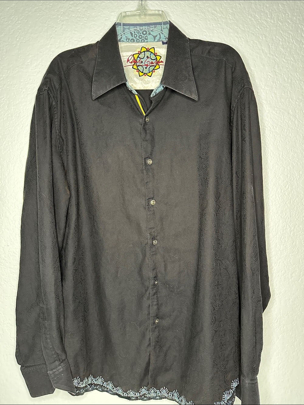 Robert Graham Black Long-Sleeve Button Shirt with Subtle Hem Contrast Print 2XL